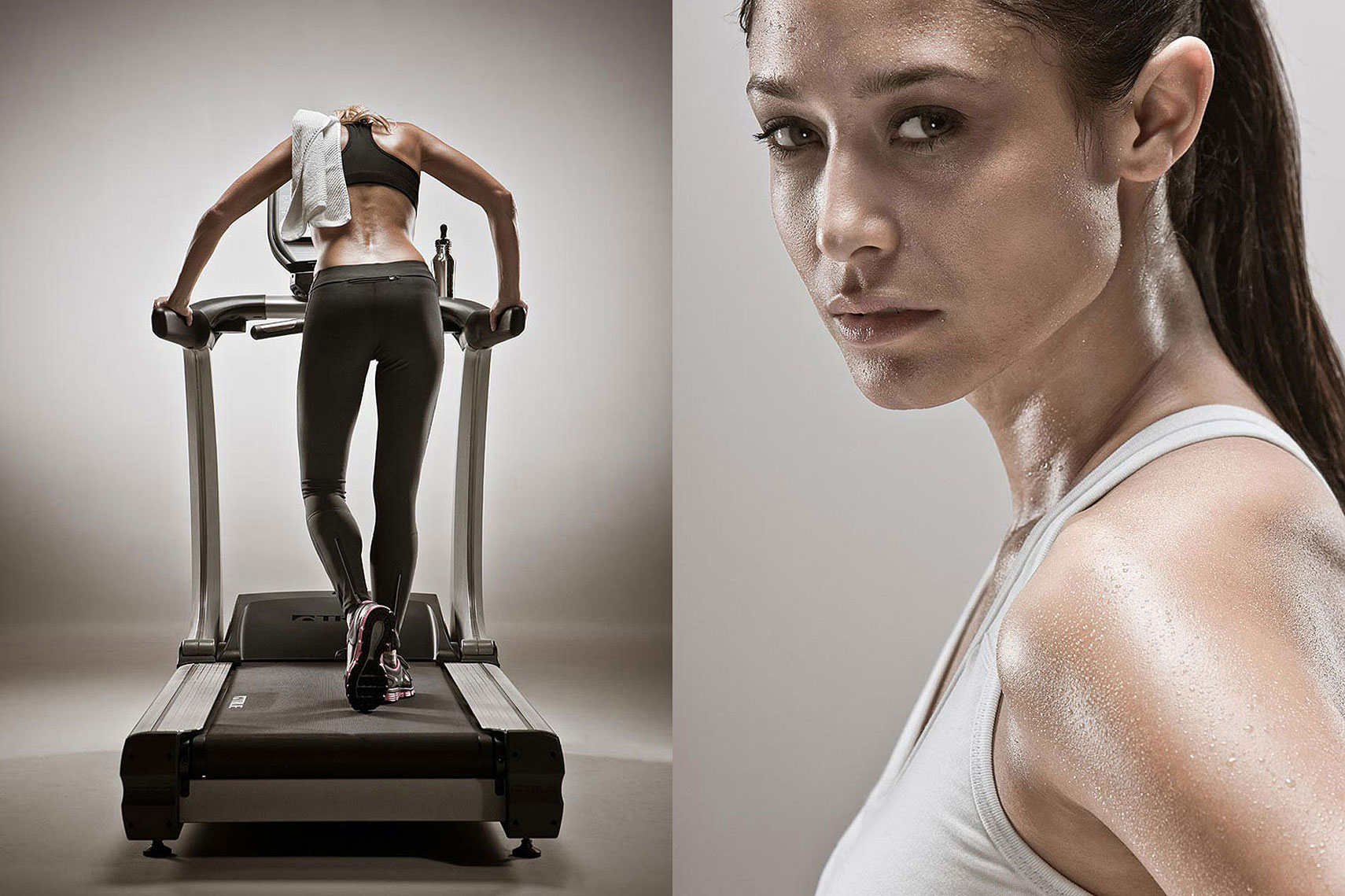 split screen of a woman working out on a treadmill and a close up of a woman